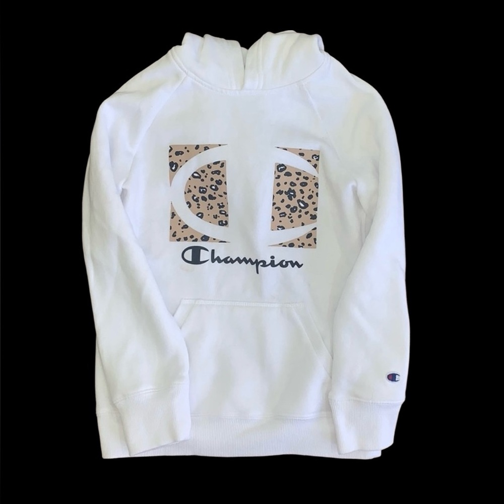 Champion Girls White Hoodie Leopard Logo Sweatshirt Size Small